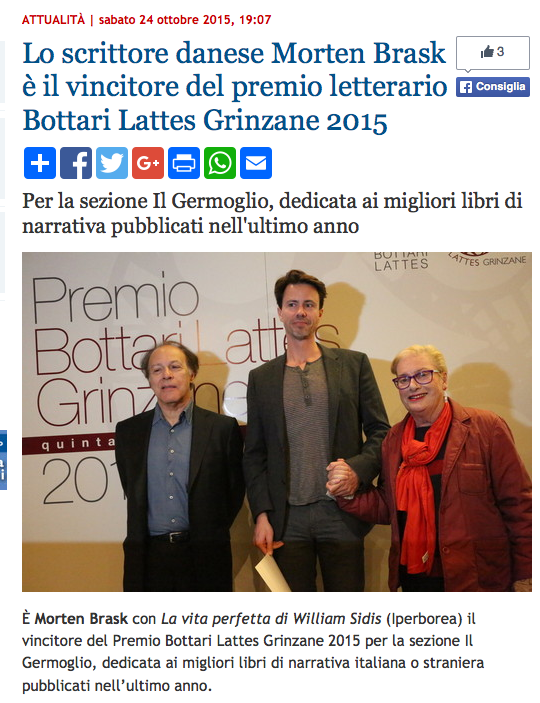 Bottari Lattes prize ceremony. Morten Brask with writer Javier Marias and Caterina Botari Lattes.